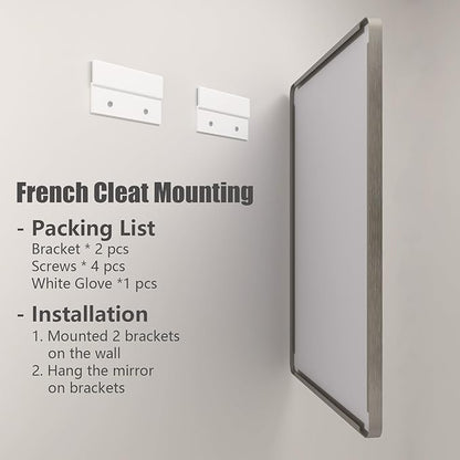 24x32 Inch Brushed Nickel Bathroom Mirror, Rounded Rectangle Silver Metal Frame Mirror, Silver Bathroom Vanity Mirror, Anti-Rust, Hangs Horizontally or Vertically