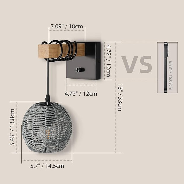 N01 100% Dimmer Wall Sconce with Hand Woven Rattan Boho Wall Lamp Farmhouse Wall Mount Light Fixture Plug in Wall Sconces for Bedroom Living Room Kitchen