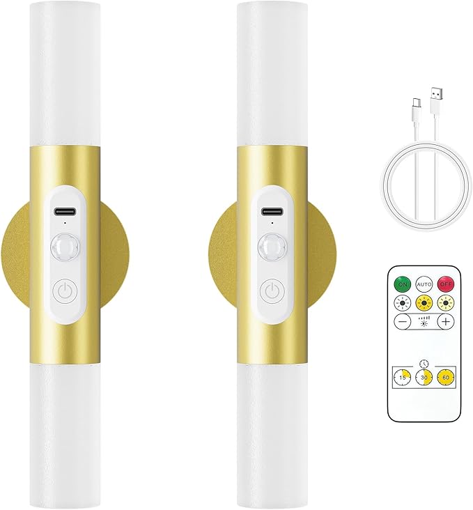 Motion Sensor Wall Sconces with Remote Control, LED Rechargeable Battery Operated Wall Lights Set of Two for Living Room, Indoor Wireless Wall Lamps for Bedroom, Hallway, Stair, Gold 2 Pack