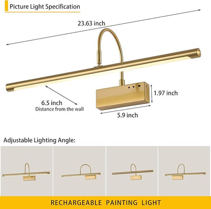 Battery Operated Picture Light with Remote, 24 inch Wireless Rechargeable Art Light with Timer, Dimmable 3CCT Gallery Lighting for Paintings, Portraits, and Canvas (Brass, 23.6inch)