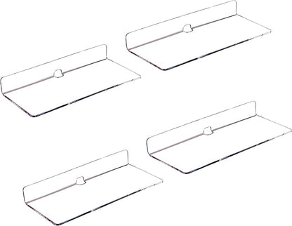 IEEK 4 PCS Clear Small Acrylic Floating Wall Shelves,9 Inch Adhesive Display Shelf for Nintendo Switch/Smart Speaker/Security Cameras/Action Figures,No Damage Expand Wall Space