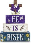 Easter Decorations, 4 Pcs Wooden Easter Table Decorations, He Is Risen Tiered Tray Decor, Wooden Table Sign for Desk Shelf Mantel Coffee Bar, Indoor Home Decor