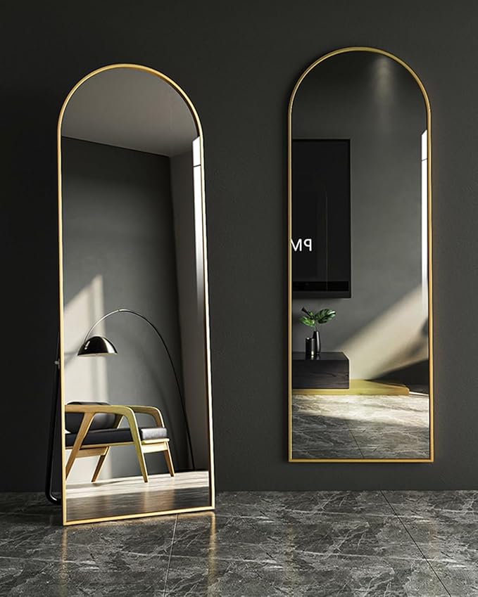 Arched Full Length Mirror, 18x58 in Gold, Wall or Floor Mounted, Bedroom Mirror