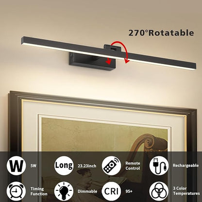 Joosenhouse Battery Operated Picture Light, Wireless Gallery Light with Remote Control and Timer Off, 10000mAh Rechargeable Painting Art Light, 23.23 Inch Dimmable Black Wall Sconce