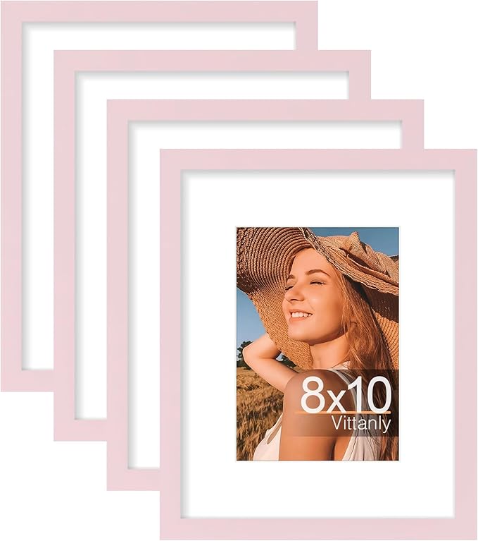 Vittanly 8x10 Picture Frames Set of 4, Display Pictures 5x7 with Mat or 8x10 without Mat, Gallery Wall Frame Set for Wall or Tabletop, Engineered Wood with Shatter Resistant Plexiglass, Pale Pink