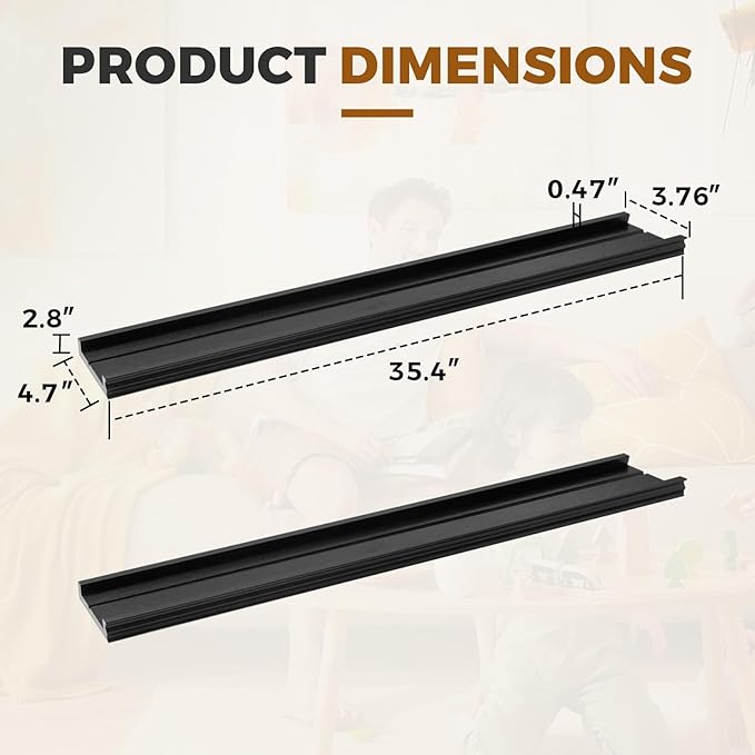 Muzilife 35.4 Inch Large Floating Shelves - Set of 2 Rustic Wood Floating Shelves - Wall Mounted Long Picture Ledge for Bathroom, Bedroom, Living Room, Black, U Shape