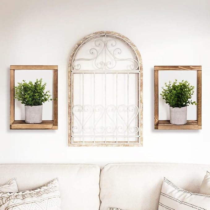2 Pack Wooden Framed Shelves with Fake Plants for Home Wall Decor, Modern Farmhouse Wood Wall Art for Living Room, Bedroom, Bathroom