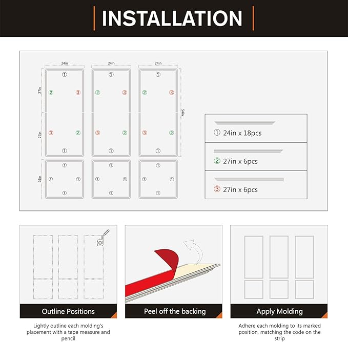 Pre-Cut Peel and Stick Wall Molding Kit Wainscoting Trim- Self Adhesive Premade Accent Panel Chair Rail for Interior Moulding Home Decor Accent Wall Set of 6 pcs - 3 Top 3 Bottom, Ready to Assemble