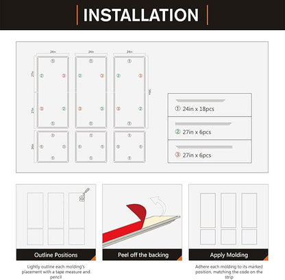 Pre-Cut Peel and Stick Wall Molding Kit Wainscoting Trim- Self Adhesive Premade Accent Panel Chair Rail for Interior Moulding Home Decor Accent Wall Set of 6 pcs - 3 Top 3 Bottom, Ready to Assemble