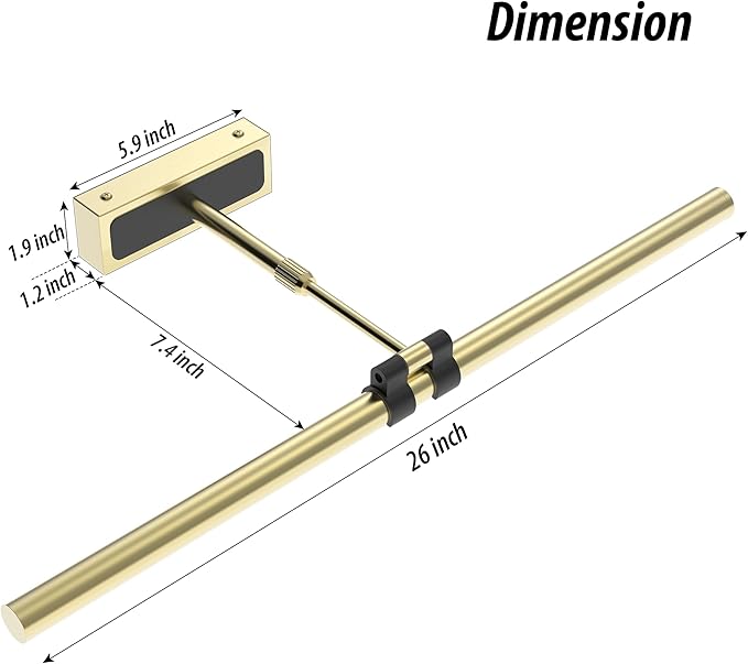 Brass Picture Light for Wall - 24inch Dimmable & Rechargeable Art Light with Extendable Arm, 25H Light Time, Angle Adjustable, 3 Color Temperatures Timer - Perfect for Paintings and Home Decor