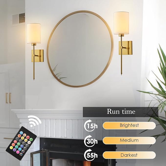 Battery Operated Wall Sconce Set of Two, Wireless Rechargeable Wall Light with Remote Control, Dimmable, 4 Color Temperatures, RGB, Timer, for Living Room,Bedroom,Entryway, Gold, 20.6 Inch