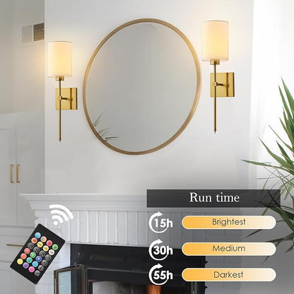 Battery Operated Wall Sconce Set of Two, Wireless Rechargeable Wall Light with Remote Control, Dimmable, 4 Color Temperatures, RGB, Timer, for Living Room,Bedroom,Entryway, Gold, 20.6 Inch