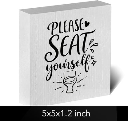Funny Rustic Bathroom Decor Wooden Box Sign 5x5 Inch - "PLEASE SEAT yourself" Humorous Restroom Shelf Table Decor, Farmhouse Style Wall Countertop Ornament for Home Guest Bathroom Housewarming Gift