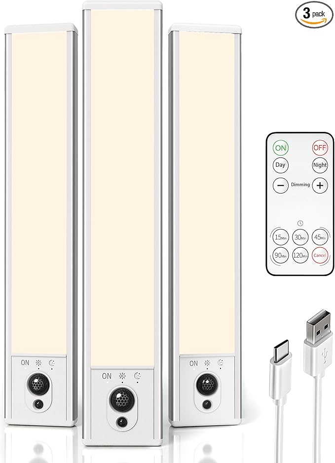 EZVALO 3-Pack Under Cabinet Lighting, 2400mAh Motion Sensor Light, LED Closet Lights Wireless, 3000K Dimmable, Timer, Magnetic, with Remote Control for Kitchen, Closet, Stair