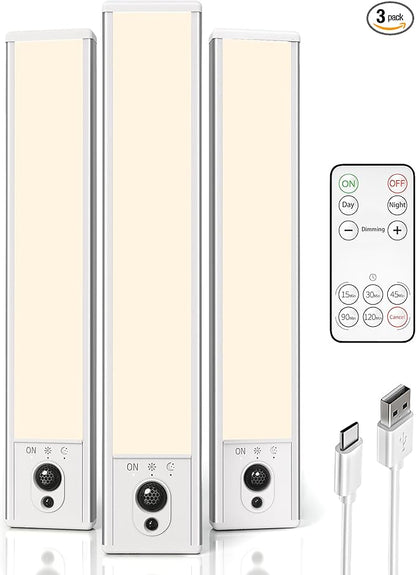 EZVALO 3-Pack Under Cabinet Lighting, 2400mAh Motion Sensor Light, LED Closet Lights Wireless, 3000K Dimmable, Timer, Magnetic, with Remote Control for Kitchen, Closet, Stair