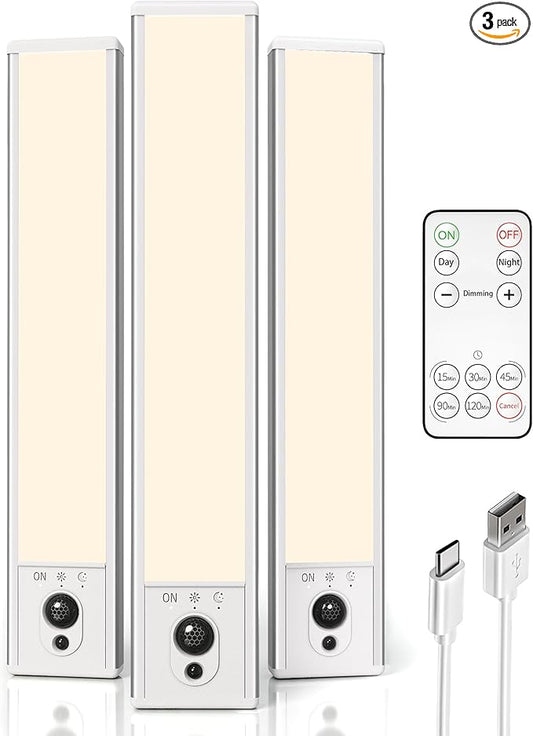 EZVALO 3-Pack Under Cabinet Lighting, 2400mAh Motion Sensor Light, LED Closet Lights Wireless, 3000K Dimmable, Timer, Magnetic, with Remote Control for Kitchen, Closet, Stair