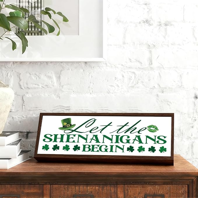 St. Patrick's Day Wooden Table Sign, Let the Shenanigans Begin Sign, Desk Decor Art, Lucky Shamrock Signs for Home Bar Club, St. Patrick's Day Party Decorations, 9.5x3.1x1 inches