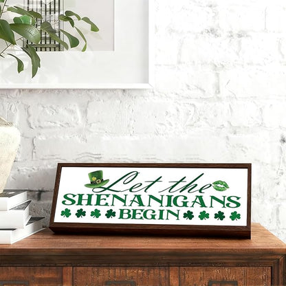 St. Patrick's Day Wooden Table Sign, Let the Shenanigans Begin Sign, Desk Decor Art, Lucky Shamrock Signs for Home Bar Club, St. Patrick's Day Party Decorations, 9.5x3.1x1 inches