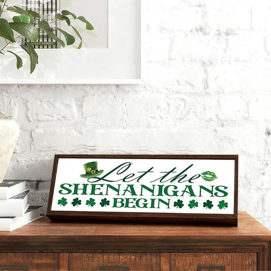 St. Patrick's Day Wooden Table Sign, Let the Shenanigans Begin Sign, Desk Decor Art, Lucky Shamrock Signs for Home Bar Club, St. Patrick's Day Party Decorations, 9.5x3.1x1 inches