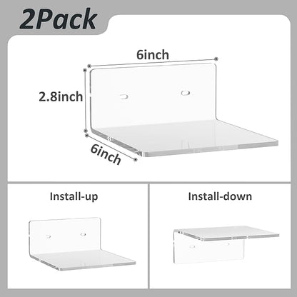 6 Inches Acrylic Small Wall Shelves 2 Pack, Floating Shelf for Wall Mounting, Acrylic Display Ledges for Funko Pop Figures, Home Décor, Living Room, Gaming Room, Plants(6 inch, Clear)