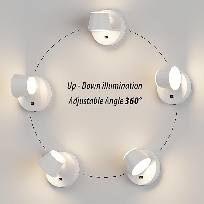 URSOLA Battery Operated Wall Lights Set of Two, LED Rechargeable Battery Wall Sconce with 9000mAh 3CCT and Dimmable Magnetic 360° Rotation Cordless Light for Bedroom（White）
