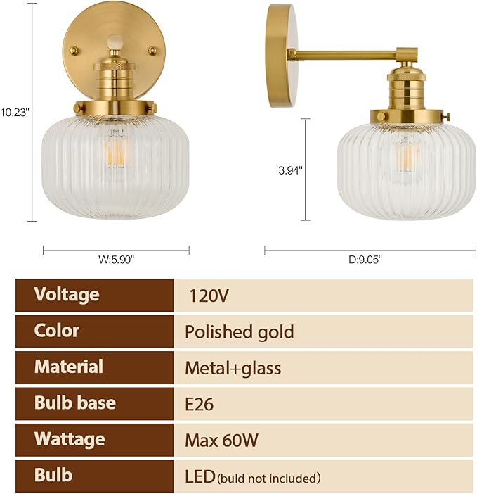 TERLEENART Hard Wired Vintage Wall Sconce with Clear Ribbed Glass Shade,Indoor 1-Light Wall Mounted Lamp for Bedroom Living Room Bathroom Hallway