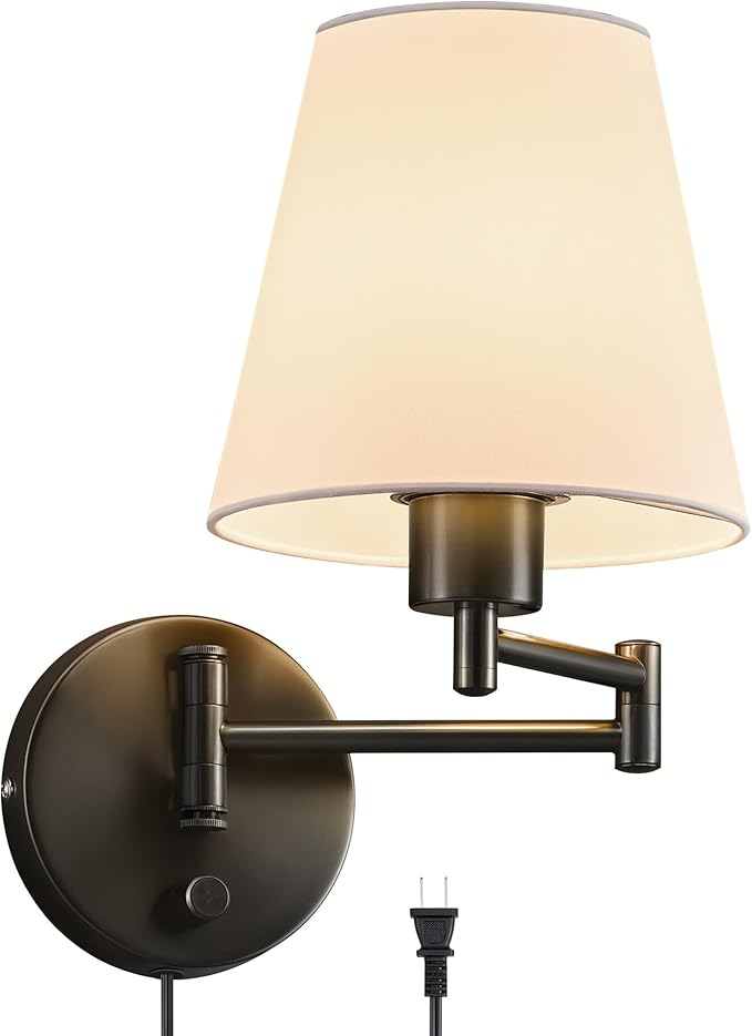 VONLUCE Modern Swing Arm Wall Mount Light Plug in, Corded Wall Lamps with White Fabric Shade, Black Metal Adjustable Wall Sconce, Wall Mount Lamp for Bedroom, Living Room, Bedside