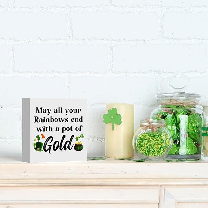 St Patricks Day Decor Irish Blessing Decorations May All Your Rainbows End with a Pot of Gold Rustic Wood Sign Home Tabletop Shelf Desk Decor St Patrick's Day Decorations 5 X 5 Inches