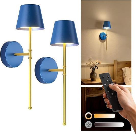 UME Wireless Sconces Set of 2 with Remote, 5200mAh Battery Powered Sconces - Small Rechargeable Sconces w/ 3 Color Temps & 5 brightness levels for Bedroom, Living Room, Wall Painting, Cafe (Blue-gold)