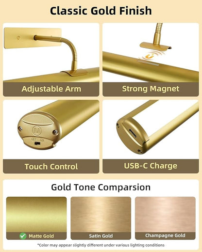EZVALO 16'' Picture Lights for Wall, Rechargeable 6000mAh Painting Lights with Remote, Wireless Dimmable 3 Color Temperatures Art Lights for Gallery, Living Room, Hallway (Gold, 3 Pack)