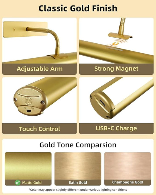 EZVALO 13in Wireless Picture Lights, 4000mAh Rechargeable Art Light with Remote, Dimmable 3 Color Temps, Battery Operated Wall Light for Living Room, Gallery, Painting (Gold, 3 Pack)