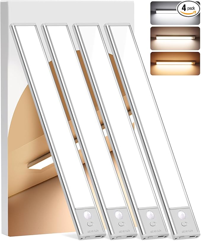Under Cabinet Lighting Wireless, 4Pack Motion Sensor Light Indoor with 3 Color Temps, Dimmable Closet Lights Battery Operated, LED Magnetic Light, Rechargeable Under Counter Lights for Kitchen Home