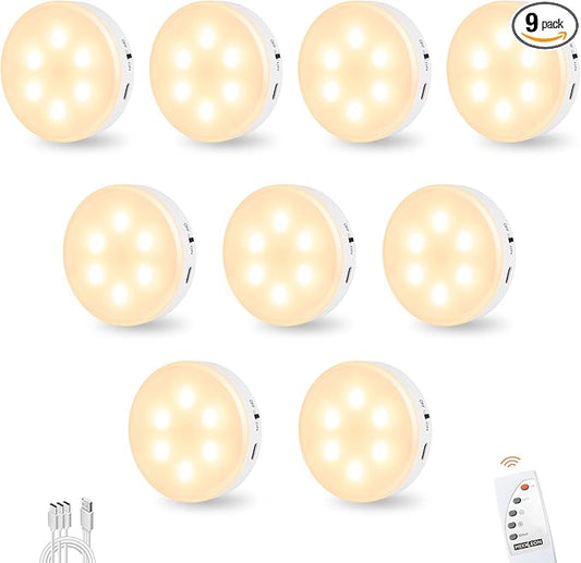 Puck Lights with Remote Control, Under Cabinet Lighting with Magnetic and Cordless, 1200mAh Rechargeable Closet Lights Stick On Lights for Under Cabinet,Hallway, Stairway,Closet （Warm White,9pcs)