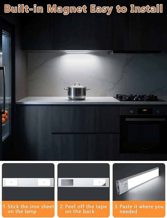 Under Cabinet Motion Sensor Lighting: 8 Inch Dimmable Rechargeable Lights Indoor - Battery Operated Lights - Undercabinet Closet Light Magnetic Led Light for Kitchen Home Bathroom Counter 4 Pack