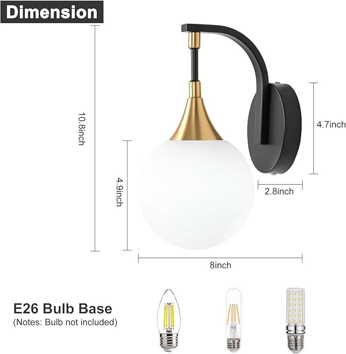 1-Light Bathroom Wall Sconce Light,Black and Gold Vanity Lighting with White Milk Globe Glass Shade, Vintage Wall Light Fixture Wall Lamp Wall Mount Light for Bedroom Hallway