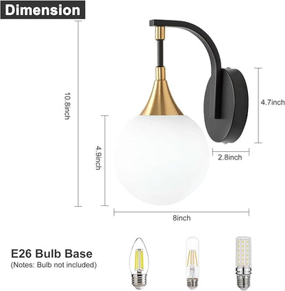 1-Light Bathroom Wall Sconce Light,Black and Gold Vanity Lighting with White Milk Globe Glass Shade, Vintage Wall Light Fixture Wall Lamp Wall Mount Light for Bedroom Hallway