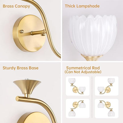 Battery Operated Wall Sconce, 2-Lights Vinatge Brass Wall Lighting with White Tluip Shade Rechargeable Bulb with Remote for Living Room, Bedroom，Symmetrical 2 Pack