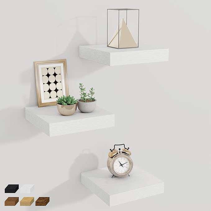 Fun Memories Small Floating Shelves for Wall - 8 Inch Square Wall Shelves with Invisible Brackets, White Shelves for Bathroom, Living Room, Bedroom, and Kitchen Decor, Set of 3