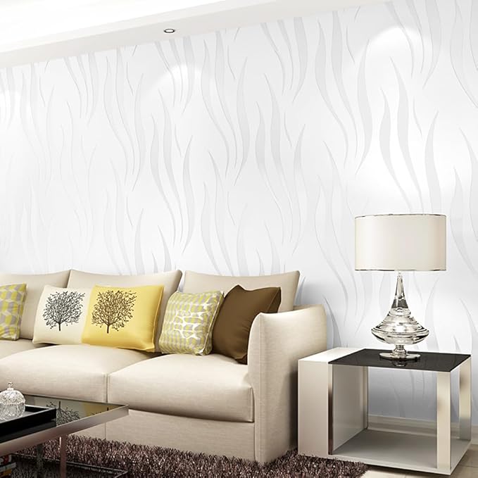 Q QIHANG Simple Fashionable Non-Woven Wallpaper 3D Embossed Three-Dimensional Flocking Foaming Wave Stripes Bedroom Living Room TV Background Wall Shop Decoration20.87 Wx393.7 L Non-Pasted (Cream)