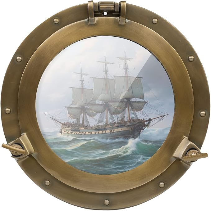 24 Inch Large Porthole Window – Antique Brass Porthole Wall Art, 24" Nautical Round Window for Coastal Home Decor & Large Walls