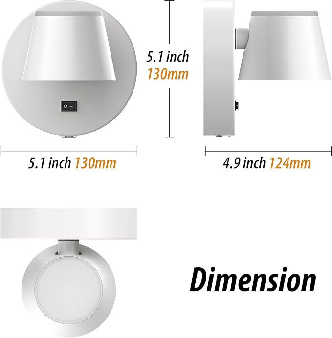 URSOLA Battery Operated Wall Lights Set of Two, LED Rechargeable Battery Wall Sconce with 9000mAh 3CCT and Dimmable Magnetic 360° Rotation Cordless Light for Bedroom（White）
