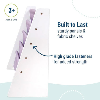 Wildkin Wooden Sling Bookshelf for Kids – Premium Canvas Design with 4 Fabric Shelves, Organizer for Home or Classroom - White w/Lilac