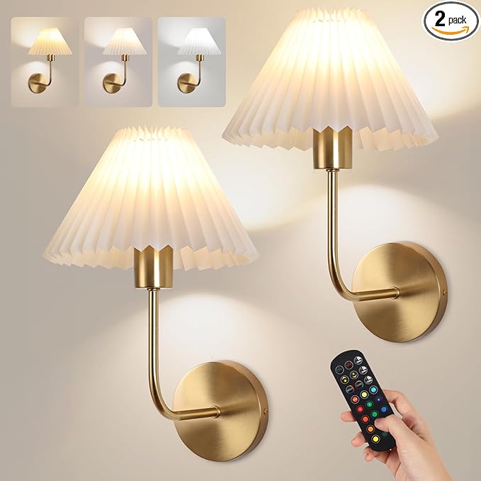 Wireless Wall Sconce Sets of 2, Pleated Shades Rechargeable Battery Operated Wall Sconce, Retro Industrial Gold Wall Lights Bathroom Vanity Sconces, Wall Mounted Lamps for Bedroom Living Room Kitchen