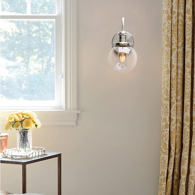 Yosoan 1-Light Vintage Industrial Fixture Light, 5.9'' Round Globe Clear Glass Shade with Elegant Curved Rod Hardwired Wall Sconce for Bathroom Porch Kitchen Living Room Hotel Foyer(Brushed)