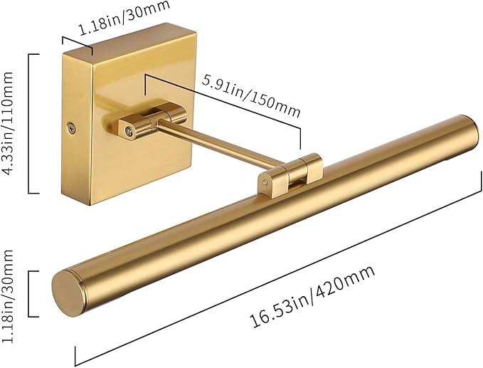 LED Picture Light Fixtures 16.54 Inches, Modern Metal Artwork Wall Lamps with Single Swing Arm, 7W (50W Eqv.), Hardwired Connection, Non-Dimmable, 3000K Warm White, CRI80+, Golden-Like Brass Finish