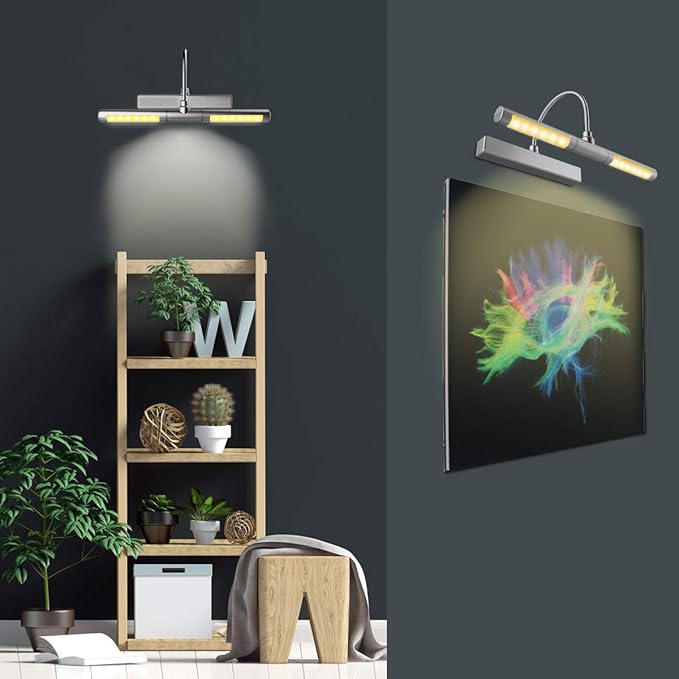 BIGLIGHT Wireless Battery Operated LED Picture Light with Remote, 13In Rotatable Light Head with 3 Lighting Modes, Dimmable Display Lamp with Timer for Picture Frame Painting Portrait Wall Art, Silver