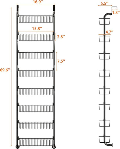 MIAOLI Over the Door Pantry Organizers and Storage, 8-Tier Spice Rack, Home & Kitchen Storage Shelves for Cabinet, Large Capacity Hanging Seasoning Organizer, Laundry Room Organization, Black