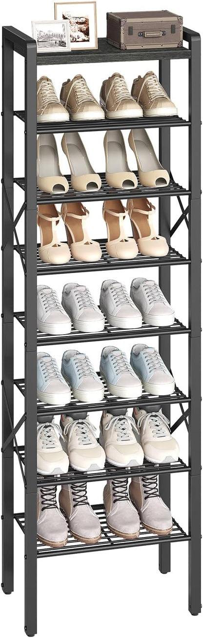8-Tier Narrow Shoe Rack, Tall Shoe Rack for 8-16 Pairs, Slim Shoe Storage Organizer with Wooden Top, Space Saving, Metal Frame, for Entryway, Charcoal and Black SS608BC