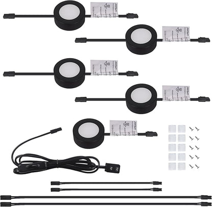LUMILAND Wired LED Puck Lights 120V (2.7Wx5) Plug-in Lighting Warm White, LED Cabinet Light for Kitchen Can Be Surface Mount or Recess Mount, Black
