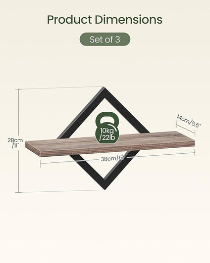 Floating Shelves for Wall, Set of 3 Wall Mounted Storage Shelves for Living Room, Bedroom, Kitchen, Bathroom, Greige TBJ03P3BG